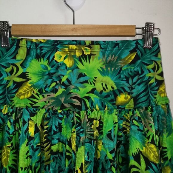 Vintage SLIX English Tropical Green Leaves Stretchy Midi Skirt Size Medium - Picture 2 of 11